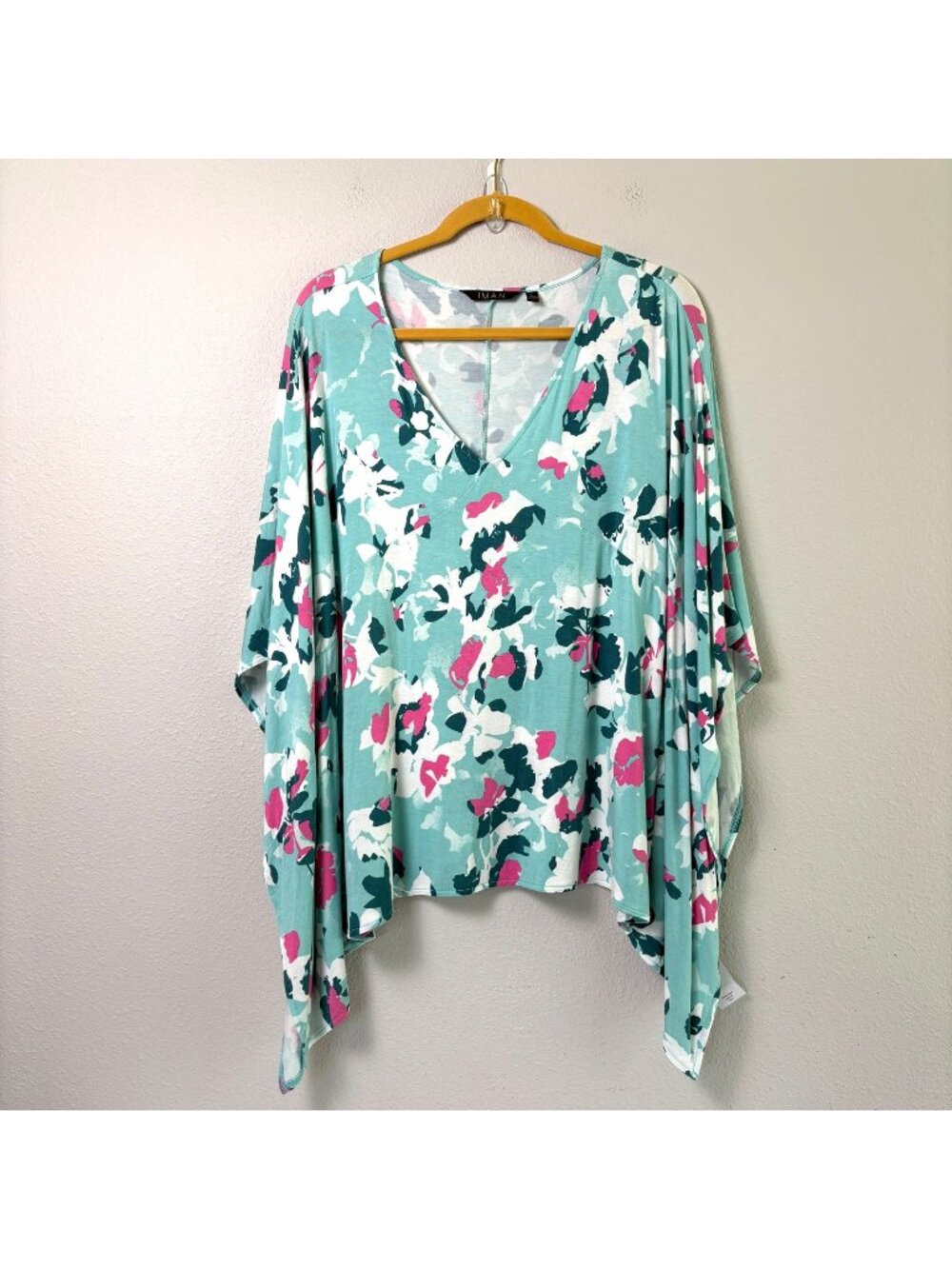 Iman Global Chic Poncho Top Size L Blue Pink Abstract Floral V Neck Pullover